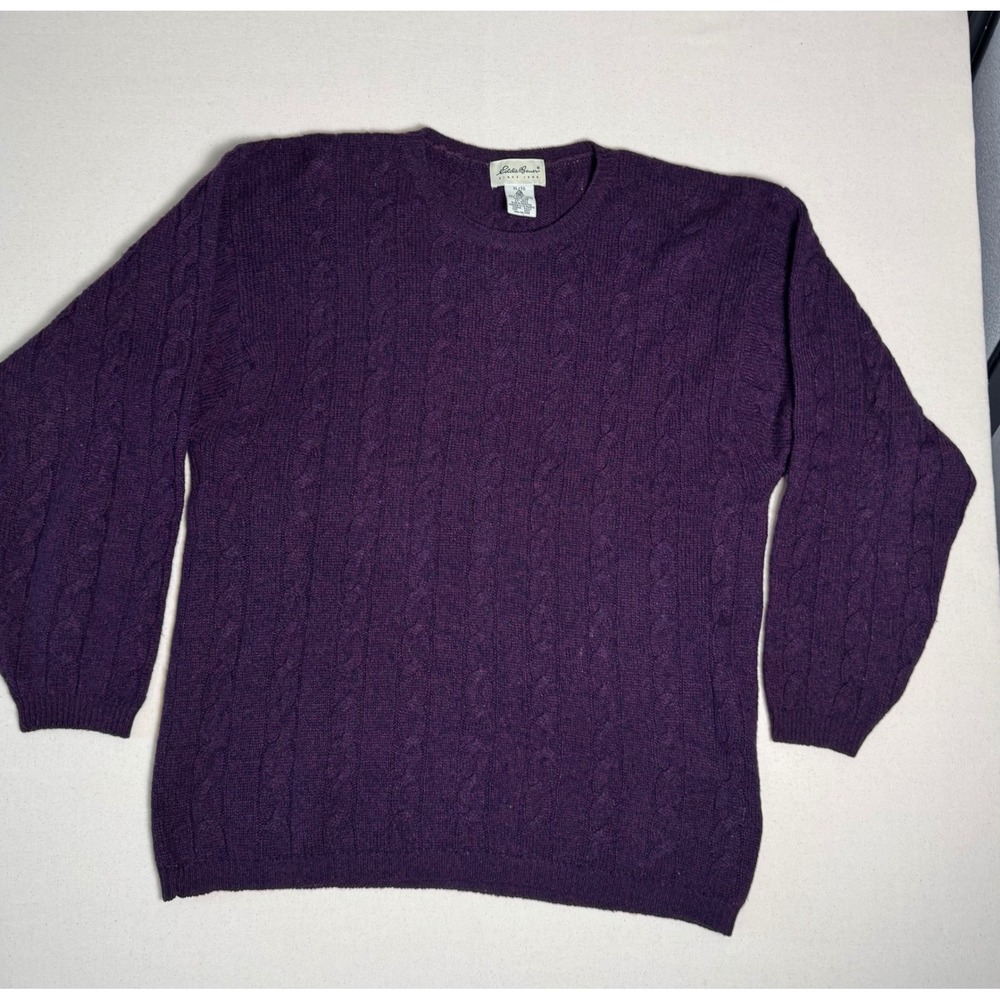 Eddie Bauer Sweater Mens XL Purple 100% Shetland Wool Cable Knit Crewneck